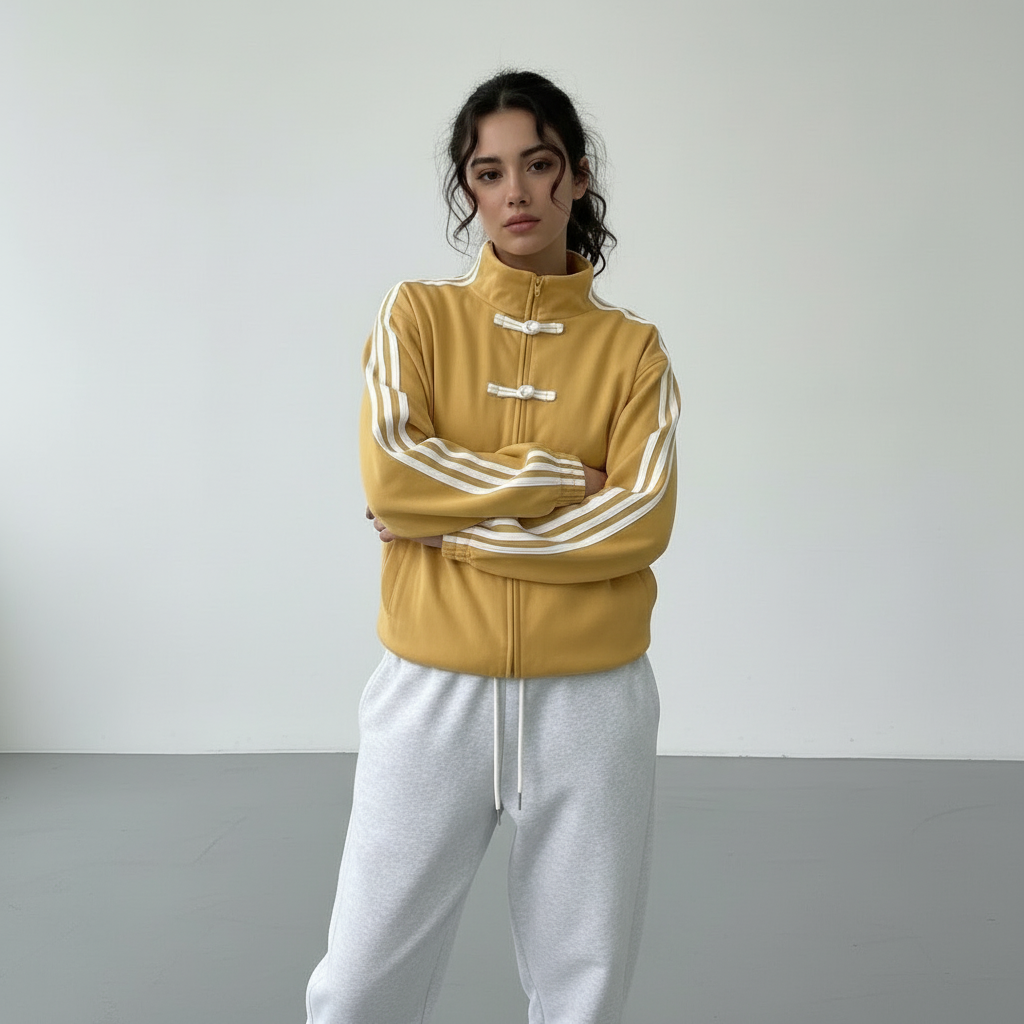Retro Track Jacket with Button Loops & Contrast Stripes – Velour Look Zip Jacket