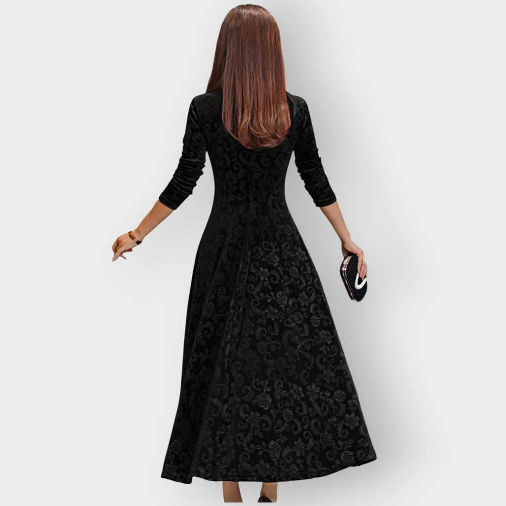 Velvet Jacquard Midi Dress V-Neck Flared | Meave & Ivy