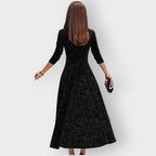Velvet Jacquard Midi Dress V-Neck Flared | Meave & Ivy
