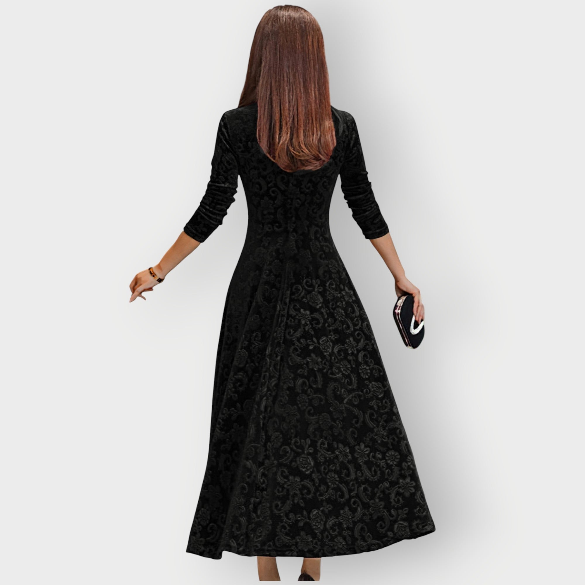 Velvet Jacquard Midi Dress V-Neck Flared | Meave & Ivy