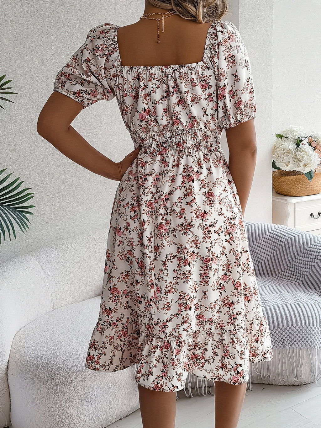 Square Neck Floral Dress with Frill Hem and High Waist | Meave & Ivy