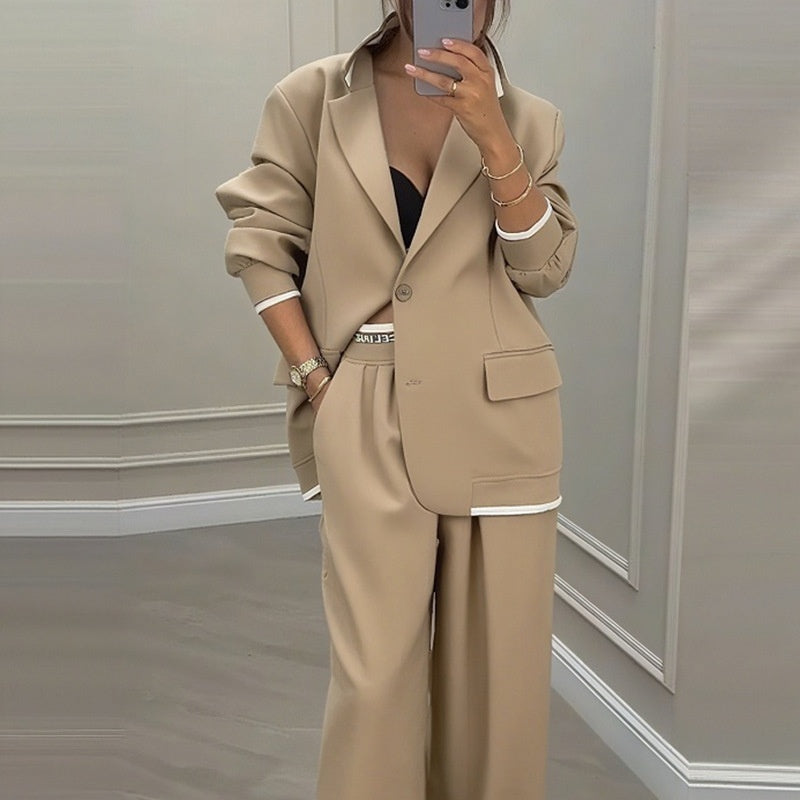 Women's Elegant Tailored Blazer and Wide Leg Trouser Suit