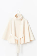 Cape Coat with High Collar & Bow Belt – Elegant Winter Cape