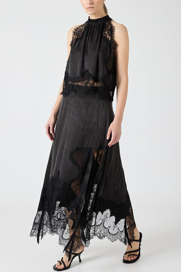 Satin Lace-Trim Top & A-Line Slit Skirt Set