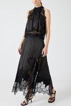 Satin Lace-Trim Top & A-Line Slit Skirt Set