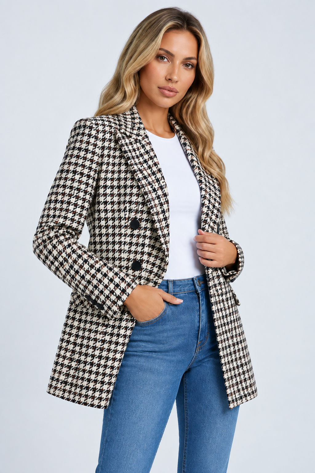 Longline Double-Breasted Check Blazer