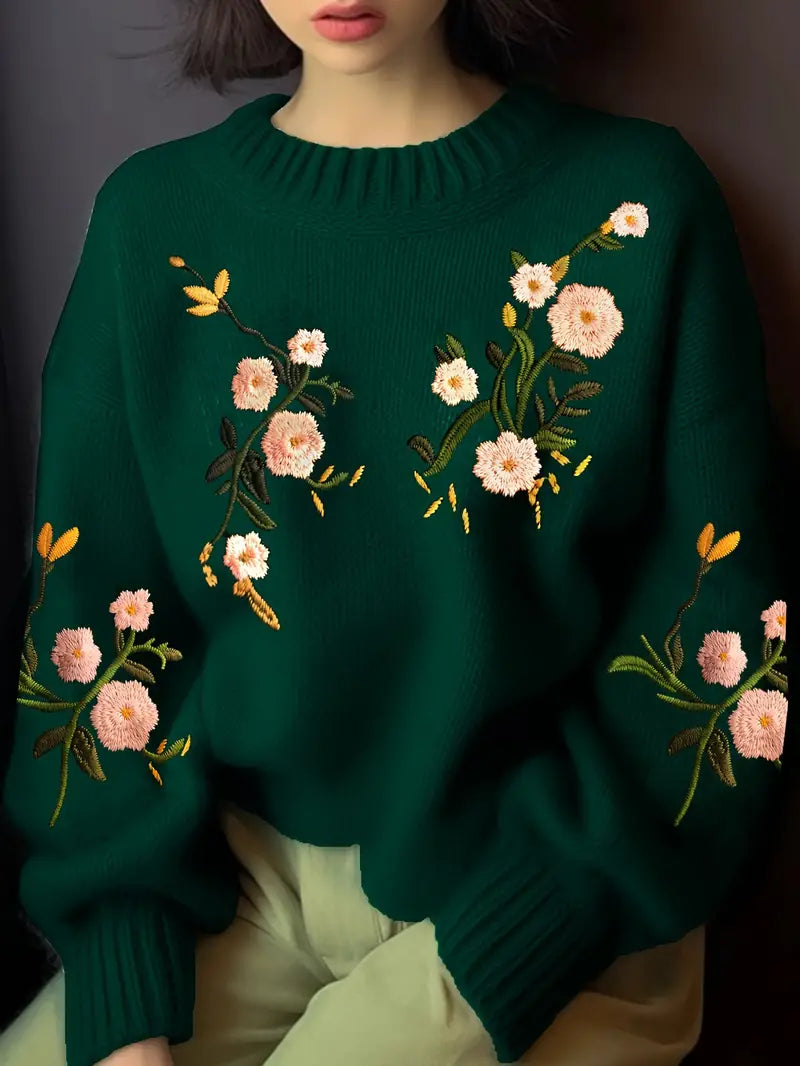 Women's Embroidered Crew-Neck Knitted Sweater