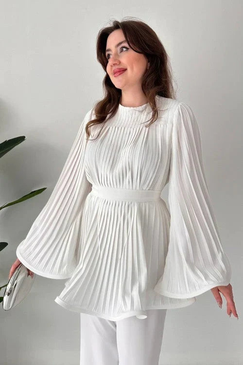 Women's Pleated Long-Sleeve Tunic and Wide-Leg Trousers Set with Tie Waist