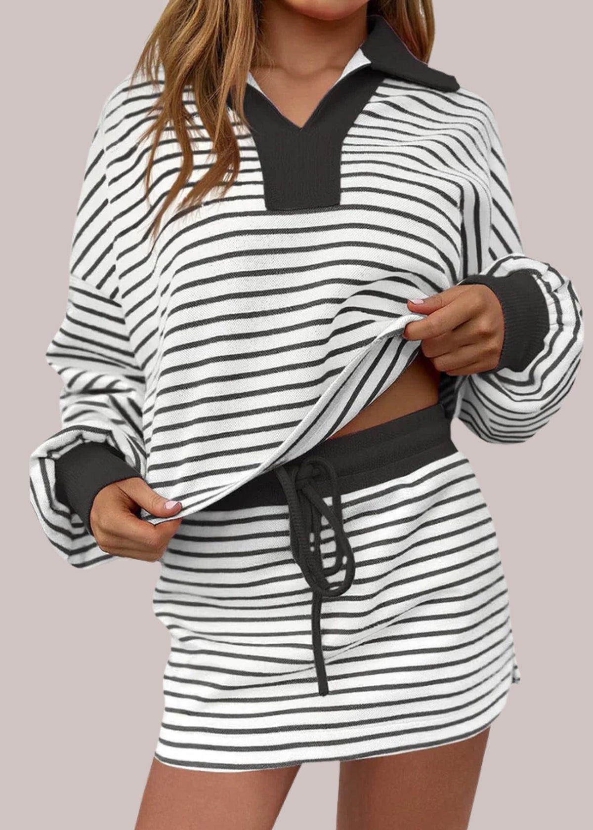 Women's Relaxed Long Sleeve Polo Top and Drawstring Skort Set