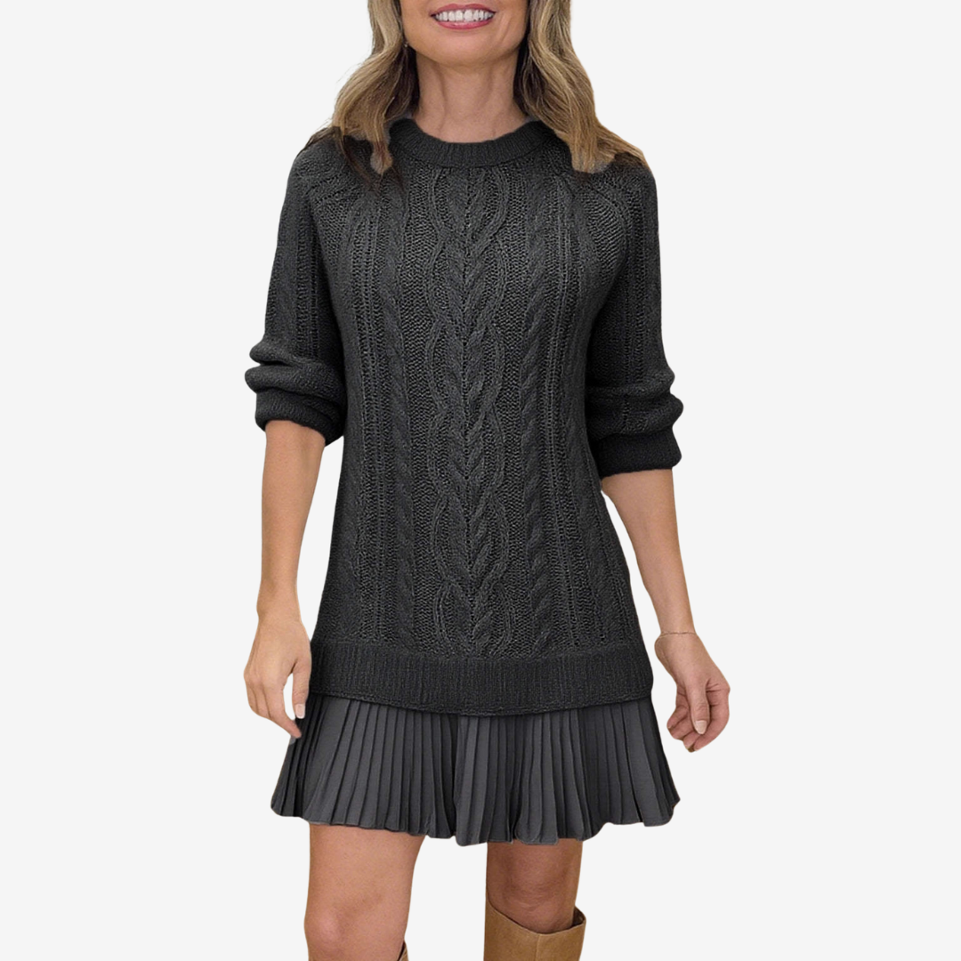 Women's Elegant Cable Knit Mini Dress with Pleated Skirt Hem and Classic