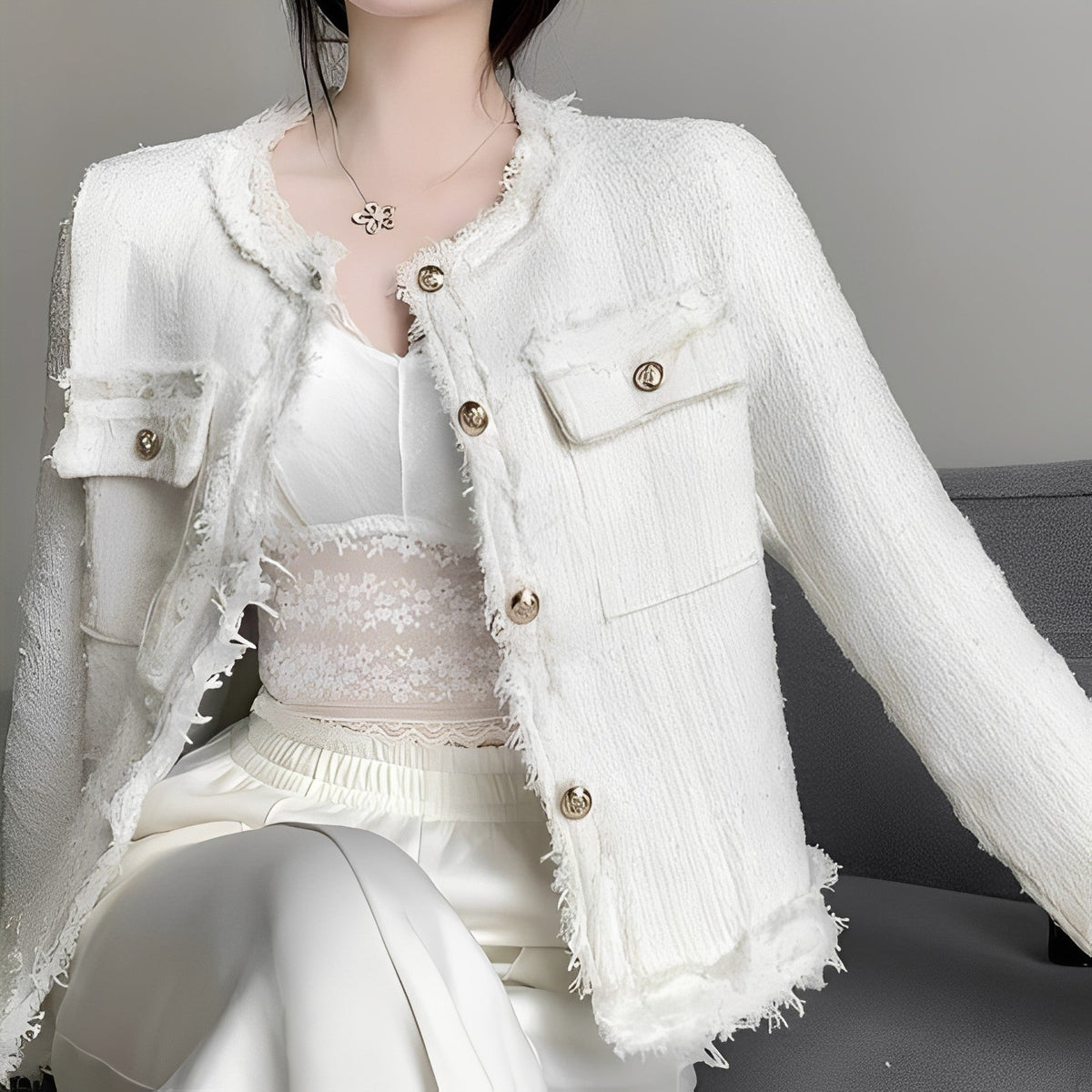 Women's Cropped Bouclé Tweed Jacket with Gold Tone Buttons and Frayed Edges