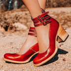 Block-Heel Buckle-Strap Leather Shoes