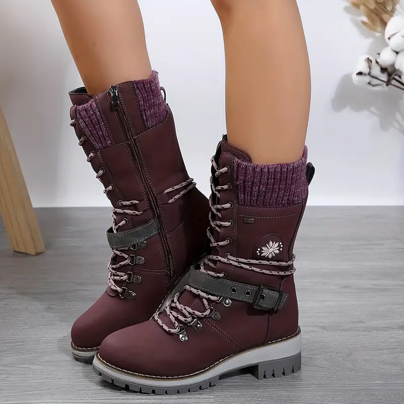 Women's Lace-Up Mid-Calf Winter Boots – Knitted-Cuff Zip-Up Chunky-Sole