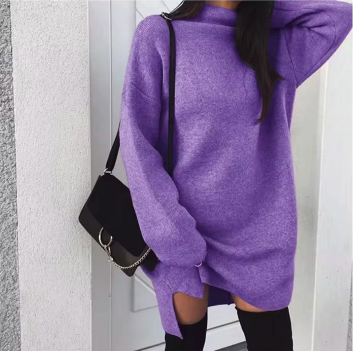 Women's wool-blend and soft-knit Sweater Dress with High Neck and Side