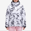 Women's Abstract Print Hooded Puffer Jacket with High Collar and Zip Front