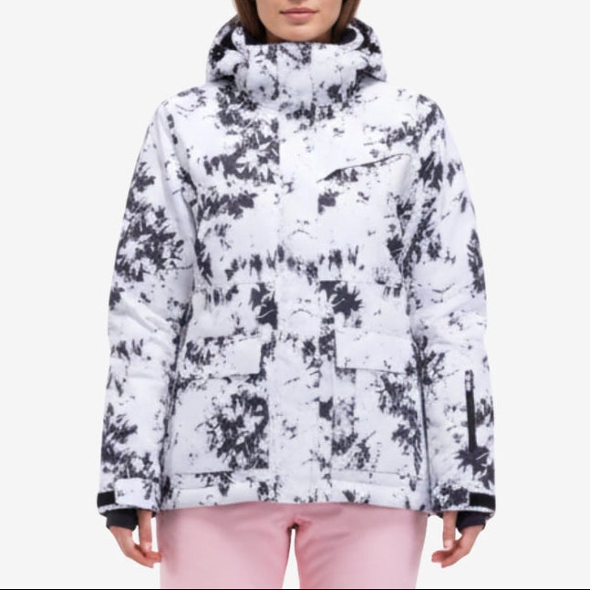 Women's Abstract Print Hooded Puffer Jacket with High Collar and Zip Front