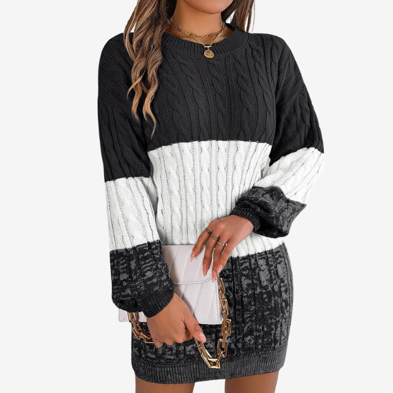Women's Textured Cable Knit Mini Dress – Relaxed Long Sleeve Crew Neck