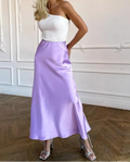 Women's High Waisted Satin Midi Skirt with Flared Hem