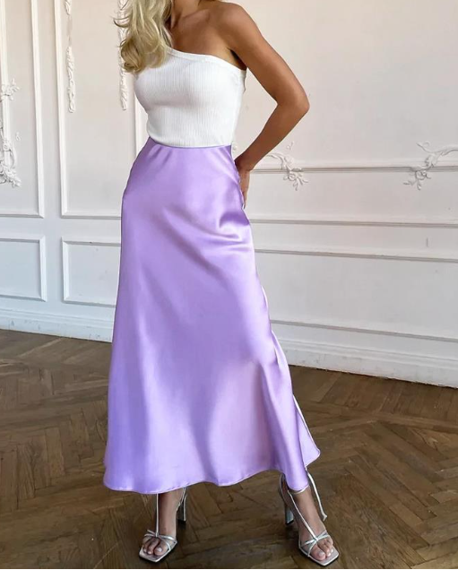 Women's High Waisted Satin Midi Skirt with Flared Hem