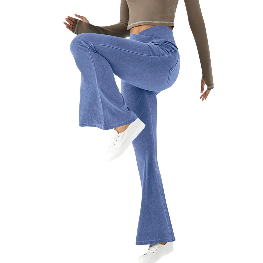 Women's High-Waisted Stretch Flared Jeans – Sculpted Full-Length Denim Style with Functional Pockets for Casual Days Travel and Everyday Wear