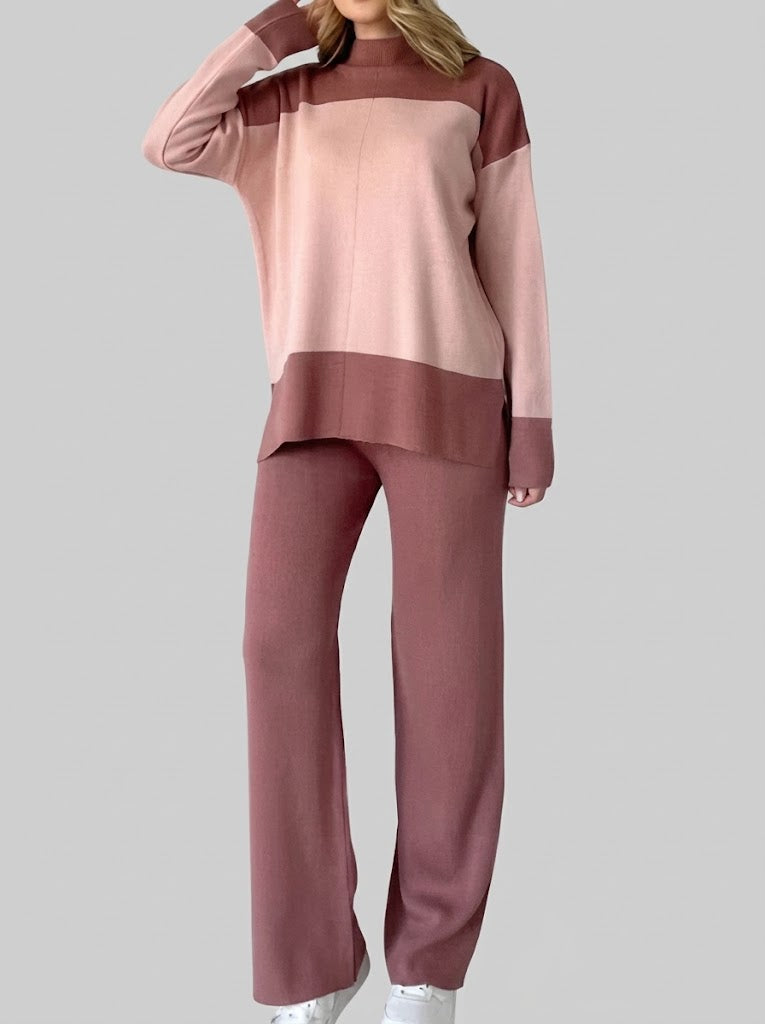 Women's Colour-Block Knit Co-Ord Set – High-Neck Long-Sleeve Top