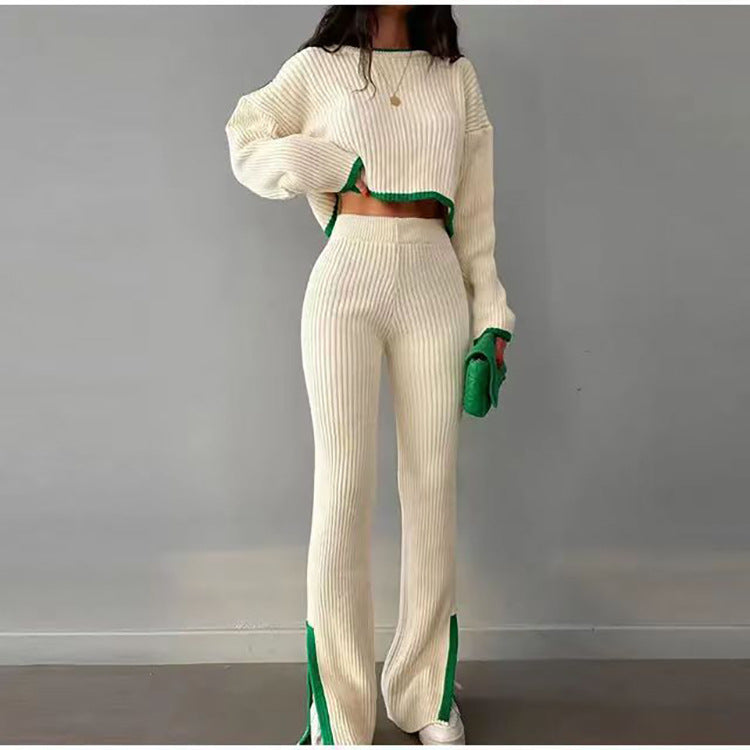 Women's Cropped Ribbed Knit Jumper and Flared Trousers Set