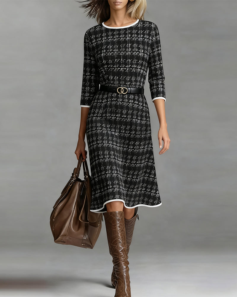 Knee Length A-Line Round Neck Three-Quarter Sleeve Autumn Dress | Meave & Ivy