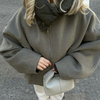Women's Cropped Hooded Zip-Up Jacket with Padded Collar