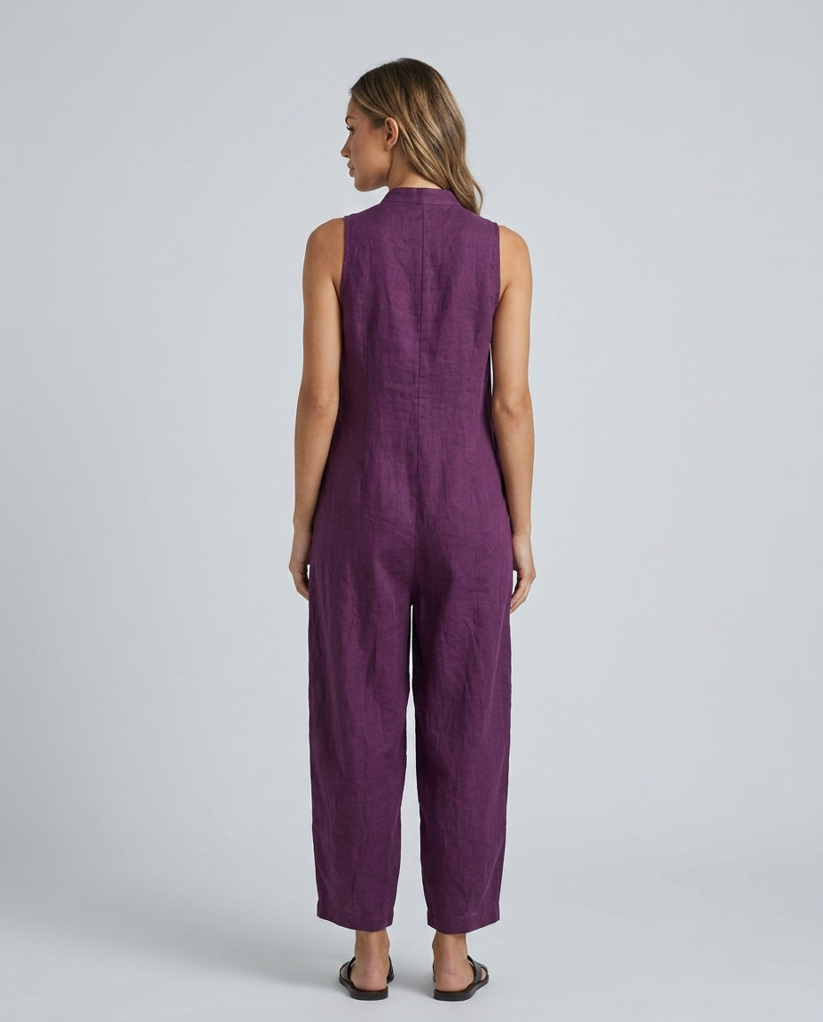 Linen-Blend Sleeveless Loose Jumpsuit