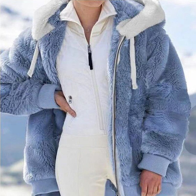 Women's Plush Hooded Winter Jacket – Soft Oversized Zip-Up Layer