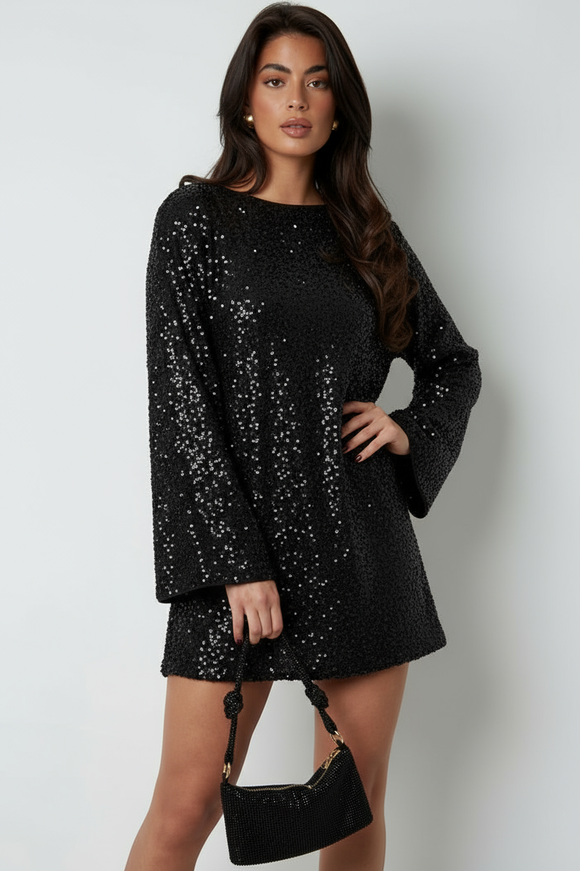Sequin Mini Dress with Satin Back Bow – Glossy Party Dress
