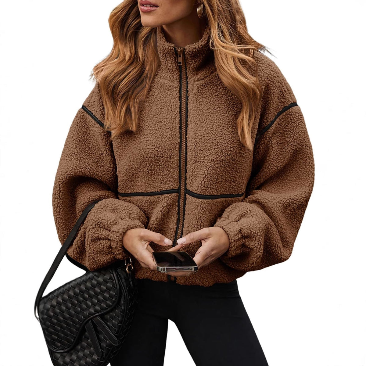 Women's Plush Teddy Fleece Zip-Up Jacket with High Stand Collar
