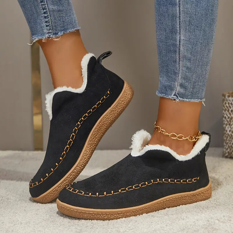 Women's Warm Faux Fur-Lined Slip-On Ankle Boots with Moccasin Stitching