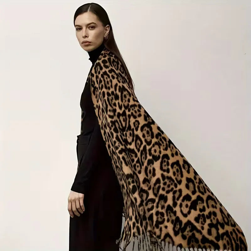 Leopard Print Winter Scarf with Fringes – Bohemian Blanket Scarf