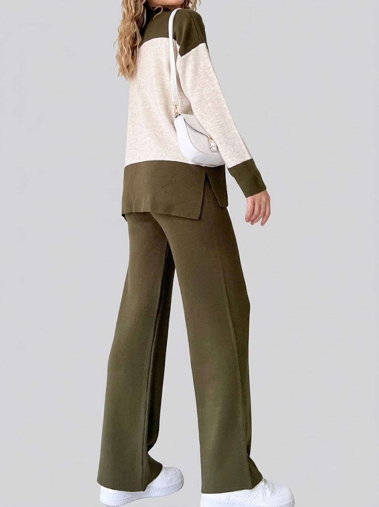 Women's Colour-Block Knit Co-Ord Set – High-Neck Long-Sleeve Top