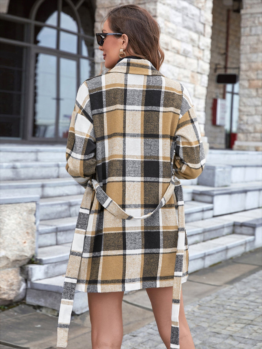 Women's Elegant Belted Check Print Coat with Notched Lapel Collar