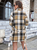 Women's Elegant Belted Check Print Coat with Notched Lapel Collar