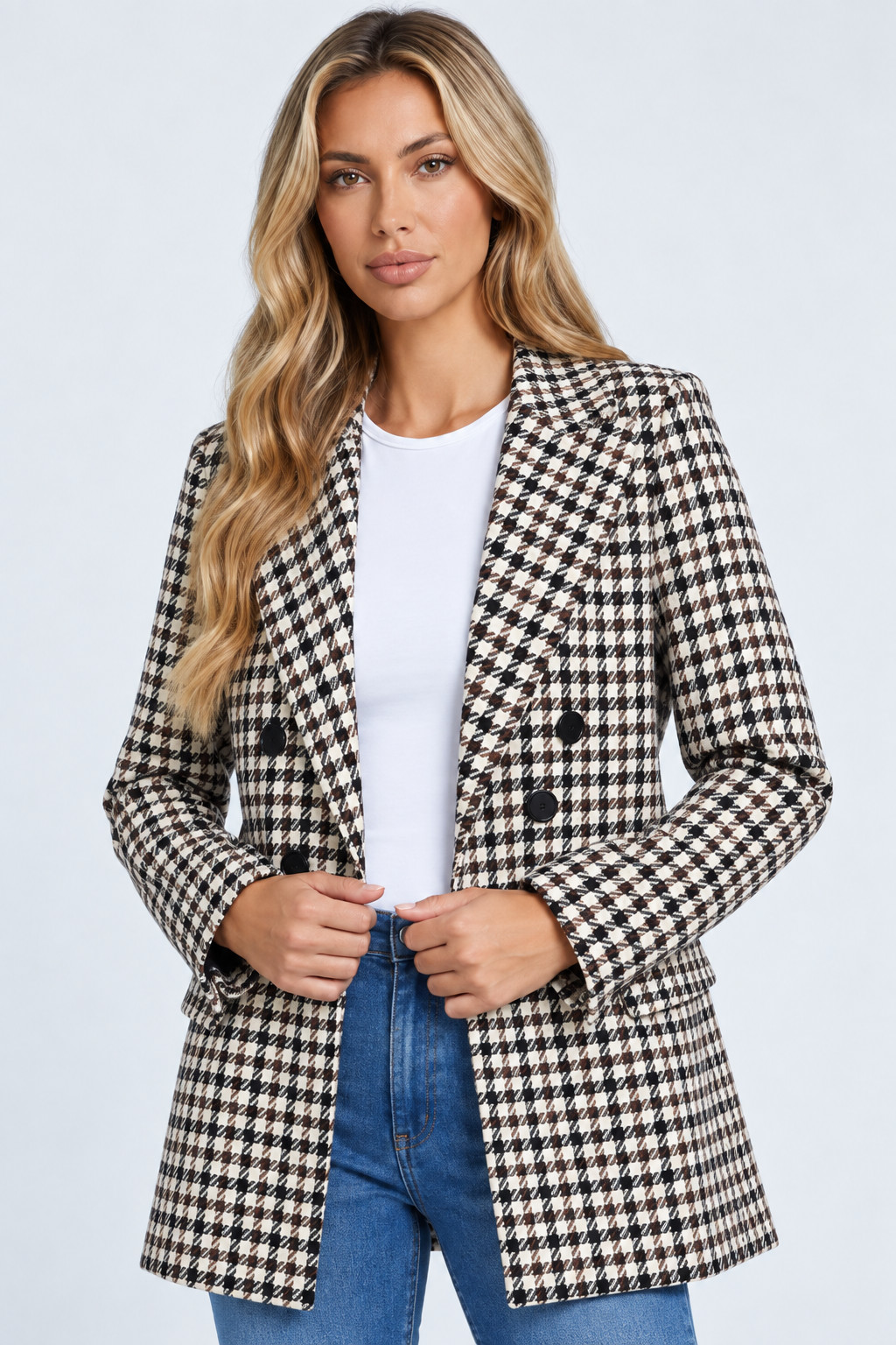 Longline Double-Breasted Check Blazer