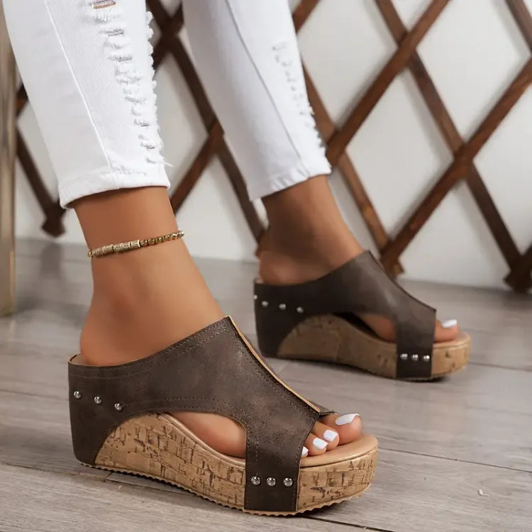 Cork Platform Wedge Slide Sandals