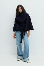 Cape Coat with High Collar & Bow Belt – Elegant Winter Cape