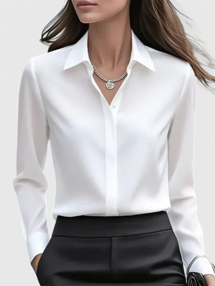 Women's Satin Blouse with Classic Collar and Button Front