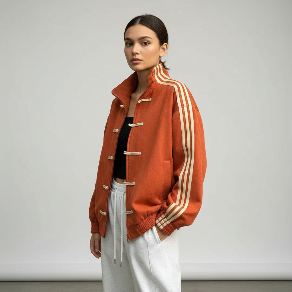 Retro Track Jacket with Button Loops & Contrast Stripes – Velour Look Zip Jacket
