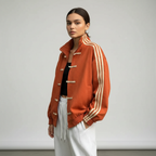 Retro Track Jacket with Button Loops & Contrast Stripes – Velour Look Zip Jacket