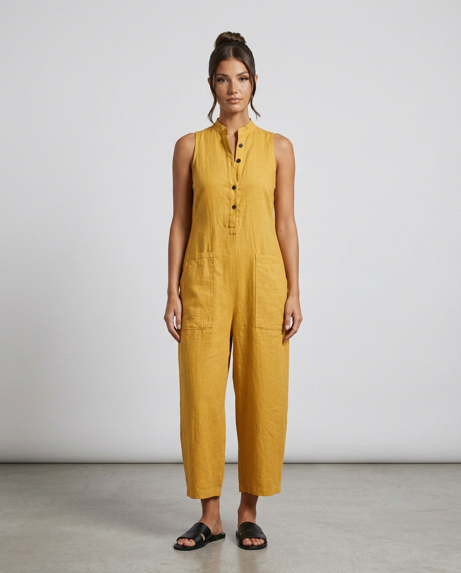 Linen-Blend Sleeveless Loose Jumpsuit