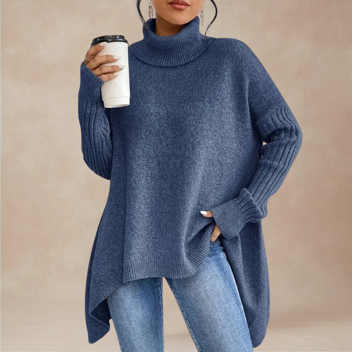 Women's Oversized Roll-Neck Sweater with Ribbed Long Sleeves and Draped