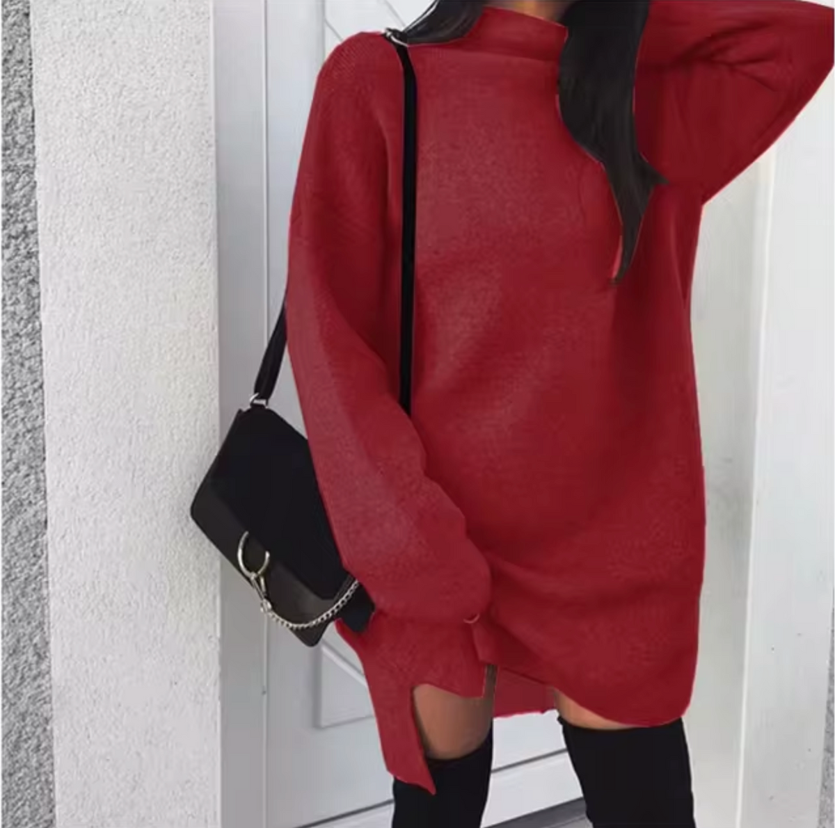 Women's wool-blend and soft-knit Sweater Dress with High Neck and Side