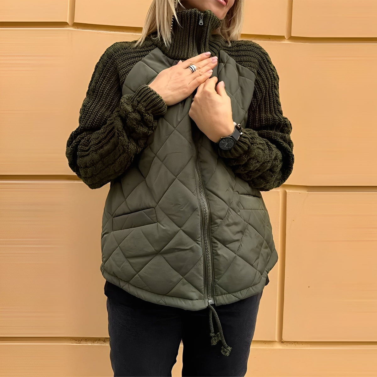 Women's Diamond Quilted Zip-Up Jacket with Cable Knit Sleeves and Stand