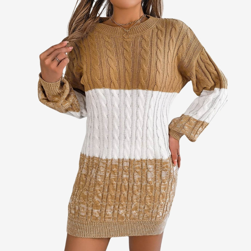 Women's Textured Cable Knit Mini Dress – Relaxed Long Sleeve Crew Neck