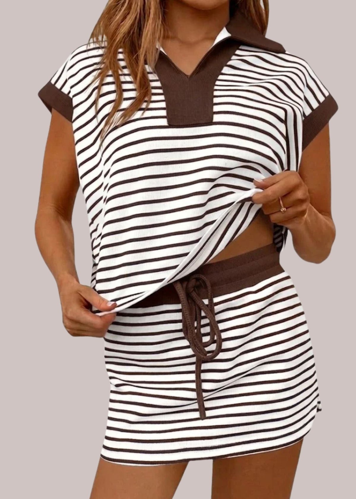 Women's Relaxed Long Sleeve Polo Top and Drawstring Skort Set