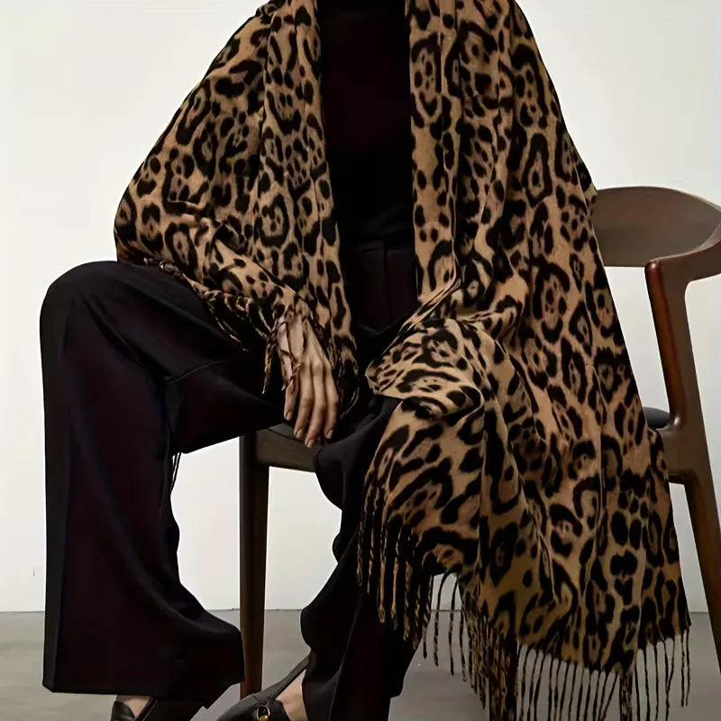 Leopard Print Winter Scarf with Fringes – Bohemian Blanket Scarf